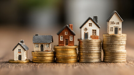 Cost of living inflation. Miniature house gold coin stack financial growth investment saving property cost increasing planning wealth ,rising prices,financial pressure,economic crisis