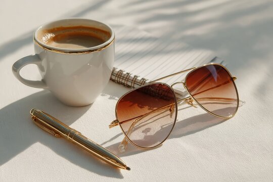 Golden aviator sunglasses rest beside a white coffee cup, golden pen, and spiral notebook on a sunlit table