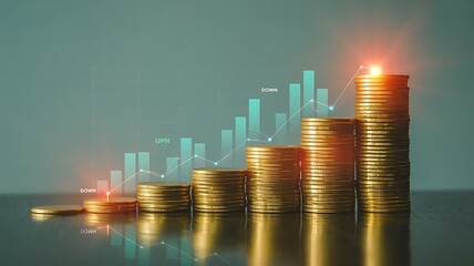 Coins and financial graph on world map showing business growth and investment trends