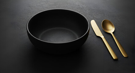 Elegant culinary composition featuring a black bowl with golden utensils on a dark surface