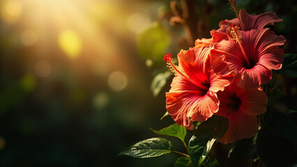 Close-up of hibiscus flowers in sunlight | Beautiful hibiscus flowers glowing in sunlight | Vibrant red hibiscus flowers blooming in sunny garden

