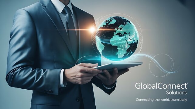 businessman holding globe on virtual screen with technology and global concept