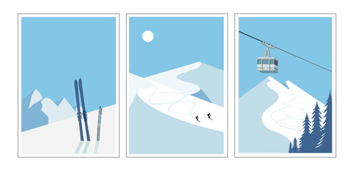Modern retro ski posters, snowboard art prints