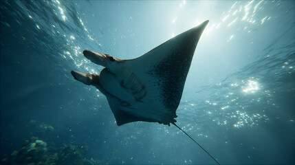 Manta Ray Underwater Sunlight Silhouette Pacific Ocean Marine Life Aquatic Nature Tropical Marine Ecosystem Diving Exploration Beautiful Graceful Marine Wildlife Photography Tranquil Environment
