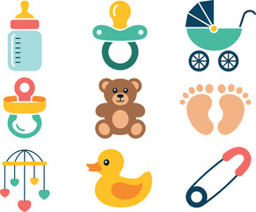 Eight Colorful Vector Baby Shower Icons Set featuring Baby Bottle Pacifier Stroller Teddy Bear