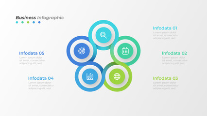 Business infographic cycle connected elements with marketing icons and 5 options or steps. Vector illustration.