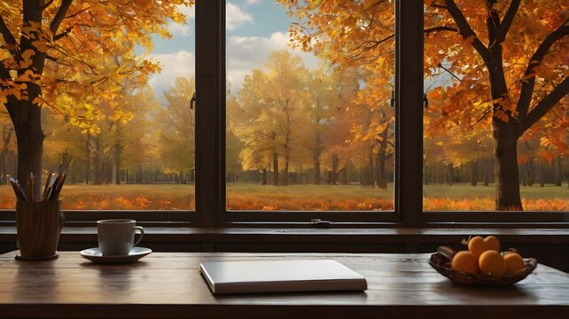Minimalist empty desk set against an autumn-themed window background, featuring golden leaves, warm light, and a cozy seasonal atmosphere perfect for inspiration and calm.