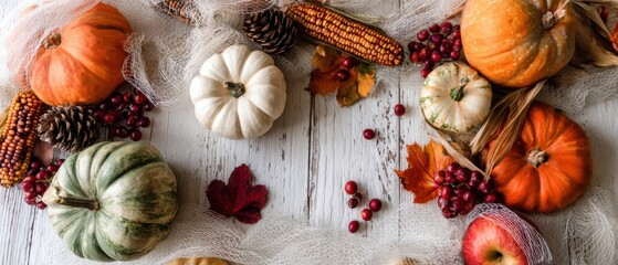 The vibrant display of pumpkins and autumn elements on rustic wood.