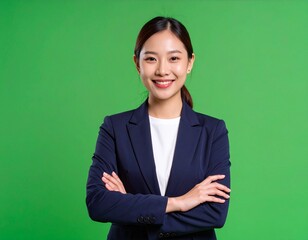 Smiling Asian businesswoman with arms crossed on green screen background looking at camera