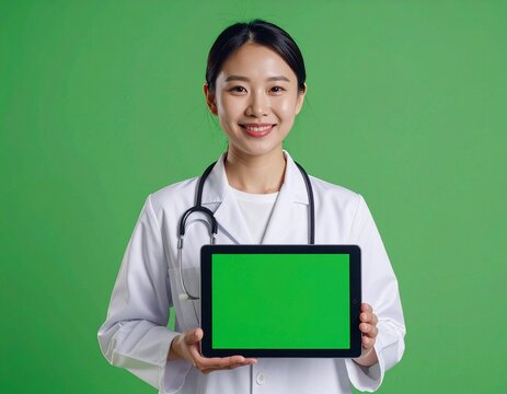 Young Asian female doctor presenting a tablet with a green screen on a green background - Powered by Adobe