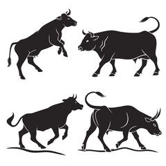 Black Cow and Bull Silhouettes Vector Illustration White Background
