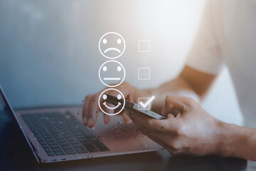 Customer review satisfaction feedback survey concept, User give rating to service experience on online application, Customer can evaluate quality of service leading to reputation ranking of business.