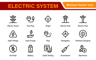Electric System isolated icon set. Set of home electrification, electrical wire, and cable, lightbulb, led lamp, electricity meter, junction box, outlet and switch, extension cord, and more.
