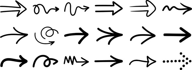 Black hand drawn arrow collection pointing right direction graphic