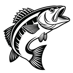 Fototapeta premium Black Line Art Vector Bass Fish Jumping Design illustration 1