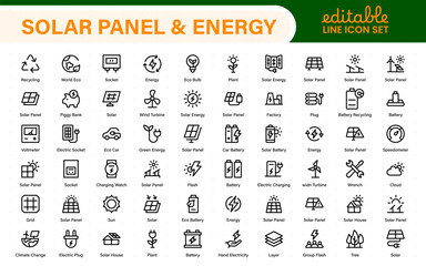 Solar panel color icon set with sun power photovoltaic (PV) home system and renewable electric energy technology glyph symbols: off the grid (OTG), inverter, charge controller, battery, meter.