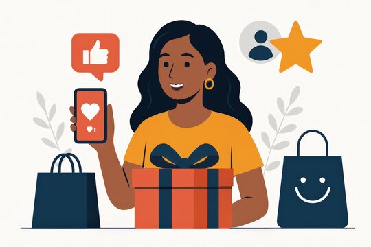 Engaging young woman joyfully showcasing a smartphone displaying social media reactions while surrounded by shopping bags and a gift box symbolizing modern consumer culture and digital connection