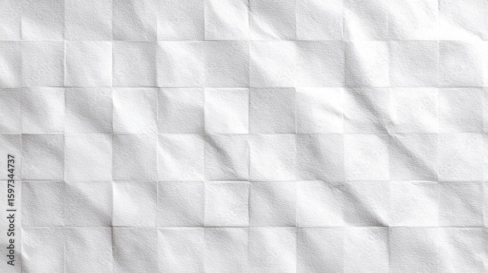 Poster a textured surface made of crumpled white paper creates an array of squares, casting subtle shadows 