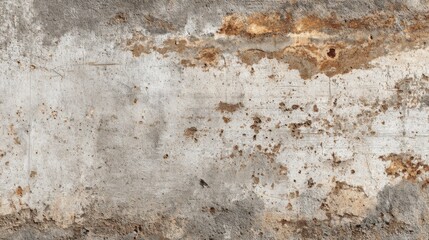 Fototapeta premium A weathered concrete wall shows signs of age with rust stains and peeling paint, creating a gritty urban atmosphere during daylight. The texture adds character to the surroundings.