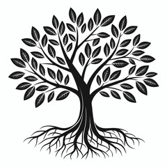 Obraz premium Black Silhouette Stylized Tree with Leaves and Roots