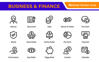 Business and finance icon collection in flat design. Clean line style set for mobile, web, and UI design. Includes charts, banking, money, and office symbols.
