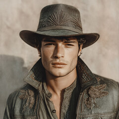 Fashion Portrait: Handsome Man Outdoors Wearing Jacket Hat Accessories, Rugged Style, Confidence Charisma Detailed Face Expression, Unique Trendy Vintage Lifestyle, Relaxed Youthful Model Pose