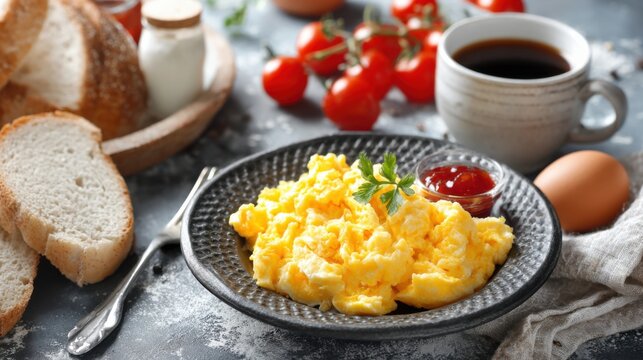 A plate of fluffy scrambled eggs garnished with herbs is served alongside slices of bread, tomatoes, and a cup of coffee, creating a perfect breakfast setting. - Powered by Adobe