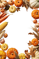 Autumn frame with pumpkins, corn, carrots, onions, and dry leaves around a white center, isolated on transparent background. Perfect for fall, harvest, or Thanksgiving-themed designs.