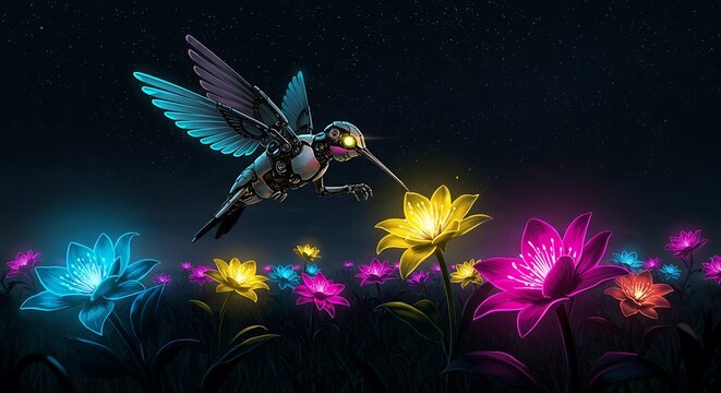 A robotic hummingbird with neon wings hovers near glowing flowers in a futuristic, cyberpunk garden under a starry night sky