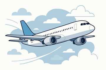 Fototapeta premium Aerial view of an airplane soaring through blue sky with fluffy clouds creating a feeling of freedom and adventure in a whimsical artistic illustration of air travel