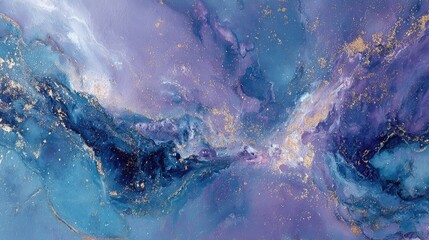 Abstract Marbling Design With Purple Blue Gold Glitter