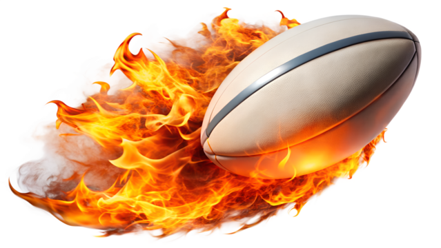 A rugby ball engulfed in flames, symbolizing intense action and speed isolated on transparent background