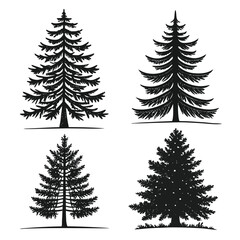 Fototapeta premium Four Black Pine Tree Silhouettes Vector Set outline