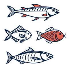 Fototapeta premium Four stylized fish icons vector set navy coral white