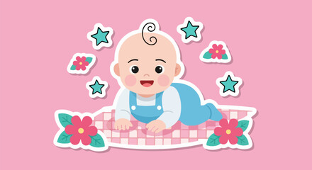 Cute vector sticker-style illustration of a smiling light-skinned baby girl in a blue romper, crawling on a pink checkered blanket with floral and star decorations on a soft pink background.