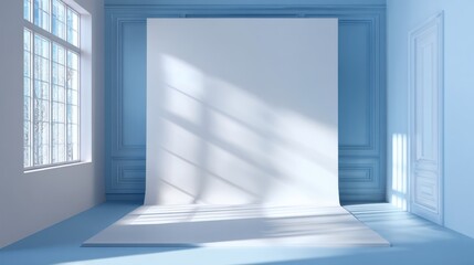 Fototapeta premium A spacious studio area features a white backdrop illuminated by bright sunlight streaming through large windows. The soothing blue walls enhance the tranquil atmosphere.