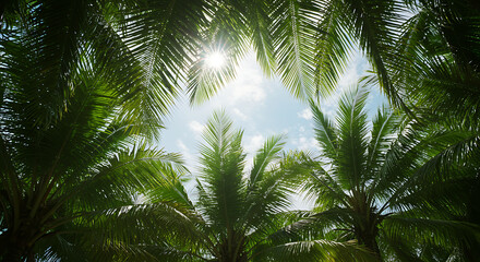 Fototapeta premium Gaze upwards through vibrant tropical palm leaves as they gracefully frame a brilliant, sunlit sky