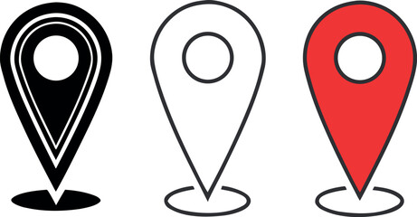 Three Simple Location Marker Icons Black White Red Teardrop Shapes Pinpoint Symbols map pin