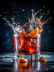 Glass of liquid with ice cubes and orange slices in it