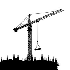 A stark black silhouette of a towering construction crane actively lifting a heavy load above an unfinished building site against a bright white background.