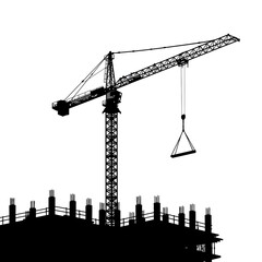A striking black silhouette of a towering construction crane actively working above a building under development, isolated against a clean white background.