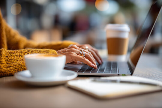 Young woman at caffe working remotely as financial planner, laptop, planner, and coffee