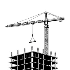 A graphic black and white illustration depicts a large tower crane lifting a structural beam over a building under construction, symbolizing urban development.