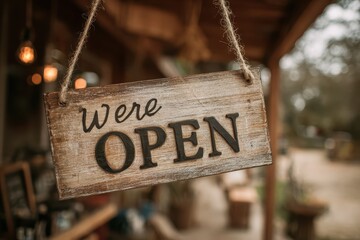 Homemade farmhouse style sign indicating open business in a rustic outdoor setting during daylight hours