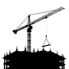 An iconic black silhouette depicts a powerful construction crane lifting a heavy beam above the unfinished structure of a modern building.