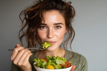 Woman enjoys a vibrant salad in a cozy indoor setting during a bright afternoon