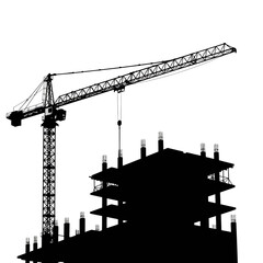 A construction crane silhouetted against a bright white backdrop, working on a new building structure, showcasing the process of urban development.