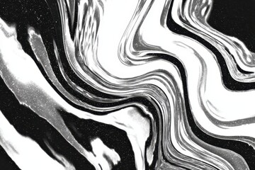 Psychedelic grungy noise art featuring abstract black and white swirls with chrome-like reflections and shimmering textures showcasing dynamic visual movement and energy