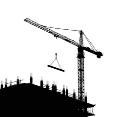 Silhouette of a tall construction crane lifting a beam at a building site against a bright white background.