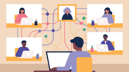 people in a video conference call with colorful connected lines and dots in the background